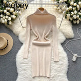 Sheath Women Dress Fashion Turtleneck Long Sleeve A Line Bodycon Dress Female Solid Streetwear Knitted