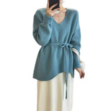 Toloer Goods V-Neck Belt Long Sheep Velvet Women Autumn And Winter Loose Knitted Wool Inside The Bottom