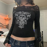 Toloer Dark Personality Print Long-Sleeved T-Shirt With Thin Lace With An Off-The-Shoulder Hottie Top-Outfit
