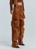 Toloer Cargo Pants Fall 2024 New Personality Splicing Loose PU Leather Pants Casual Wide-Leg Pants Women-Outfit