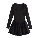 2025 New Temperament Balloon Dress Square Collar High Waist Thin Black