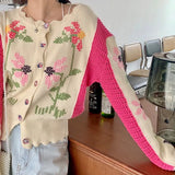 Autumn Winter Cardigan Women'S Sweater Lazy Heavy Industry Stitching Retro Embroidery Flowers Knitted V-Neck Cardigan