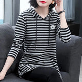 Women's Autumn Winter New Long Sleeve Sweatshirts Hooded Round Neck Pullovers Casual Medium Length Fashion Loose Striped Tops-Outfit