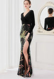 Winter Elegant Velvet With Sequins Deep V Neck Long Sleeve Slit Cocktail Eevening