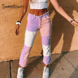 Contrast Color Distressed Jeans Pants Women Preppy Style Chic Streetwear Outfits High Waist Straight Denim Pants