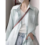 Linen Sun Protection Shirts Women Summer Loose Thin Long Sleeve Lapel Tops Korean Streetwear All-Match Buttons Blouse-Outfit