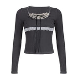 Lace Stitching Bow Patchwork Long Sleeve Tee-Outfit