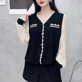 Clothing Solid Color Blouse French Style Elegant Patchwork 2024 Spring Autumn Fashion Diamonds Korean Casual V-Neck Shirt-Outfit