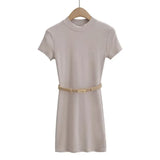 Trendy Women's Dress With High Round Neck And Short Sleeves And A Dress That Is Stylish, Tight And Thin With A Belt And Hip Skirt-Outfit