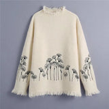Black Floral Beige Fringes Sweater Mock Neck Plus Size Large Casual Women Pullover Fashion Autumn Winter Female Chic Tops