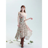 Patchwork Floral Long Short Dress For Women 2024 Summer Boat Neck A Line Midi Dress Short Floral Aesthetic Clothes-Outfit
