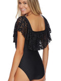 Female Bikini One-piece Swimsuit Conservative Solid Color Printed Ruffle Sexy Swimsuit Hollow Cut Flower Female