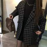 Winter Thick Vintage Houndstooth Woolen Coat Women Korean Loose Double Breasted Suit Jacket Elegant Warm Quilted