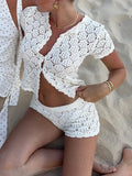 Spring And Summer New Women's Shawl Short Hollow Knitted V-Necked Shirt Shorts