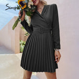 Simplee Elegant v-neck A-line pleated midi dress women green Office long sleeve belt blazer dresses Casual female vestidos