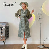 Simplee Causal light tan autumn women trench coat Split joint elegant long sleeve coat Plaid long coat with belt