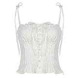 Pure Spice Girl Lace Splicing Waist Shows Thin Sling Straps Buckle Vest Row Buckle Pleated Woven Blouse Girl-Outfit