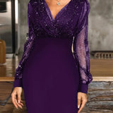Toloer Women's New Mesh Patchwork Sexy Vintage Elegant V-Neck Party Club Dress-Outfit
