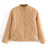 Autumn Winter Women Argyle Padded Jacket Casual Long Sleeve Button Up Coat With Pockets Female Loose Jacket