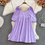 V-neck Loose Lantern Sleeve Mini Dress Fashion Blue Summer Women A-line dress 2022 Solid retro high waist