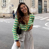 2022 Cardigan Top Women Autumn French Fashion Stripe Patchwork V-neck Hollow Knit Sweater Female Single-Breasted Short