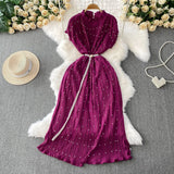 Temperament Heavy Industry Pearl Wood Ear Round Collar Dress Women's Summer New Waist Thin 100 Folded Long