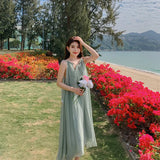 Neck Tie Dress Female Summer New Elegant Over The Knee Long Sleeveless Vest Sling Skirt Advanced Feeling-Outfit