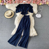 Summer Green/Black/Red Two Piece Set Women Sexy Slash Neck Short Tops + High Waist Wide Leg Pants Female Suit New