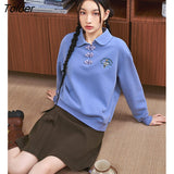Women Sweatshirts 2022 Winter Long Sleeve Polo Neck Loose Hoodie Vintage Button Design Embroidery Casual Chic