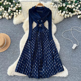 2025 New Cowboy Splicing Knitted Two-Piece Collar Dress Flower Nails Decorated Long Dress