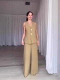 Women's Temperament Elegant Solid Color V-Neck Sleeveless Vest High-Rise Broad Leg Trousers