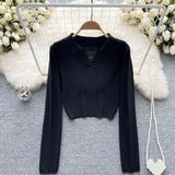 Autumn Knitted Women Short T Shirt Lapel V Neck Slim Long Sleeve Sweater Top Fashion Streerwear Short Solid
