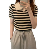 Careful Machine Striped Small Clip Red Short Sleeve Knitted Shirt Girl Summer New Design Sensational Small T-Shirt