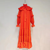 Vintage Red Patchwork Ruffle Long Dress Female Stand Collar Lantern Sleeve Loose Maxi Dresses For Women 2021