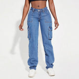 New Retro Mid-Rise Multi-Pocket Workwear Jeans Women's Casual Straight
