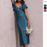 New Women's Temperament Solid Pink Heart Collar Short Sleeves Long Dress Dress