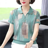 Women's Clothes V-neck Short Sleeve Plaid Striped Printing Female Clothing Casual Loose Fitting Large Vintage Tops-Outfit