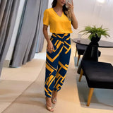 Trousers Suits 2023 New Women's Fashion Casual V-neck Printed Short Sleeve Tops And Pants Two Piece Set Woman