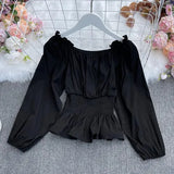 New Spring Fashion All-match slash neck off shoulder Blouse ruched waist slim Ruffle Shirt