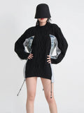 Toloer Lazy Wind Cowboy Splicing Sweater Loose Casual Fashion Long Long Sleeve Knit Sweater Trend-Outfit