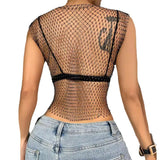 Toloer Nightclub Dresses Fishnet Hollow Out Rhinestone Vest Mesh Flash Diamond Sling Top