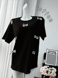 Spring And Summer New Sweet Bow Splicing Short-Sleeved T-Shirt Women's Round Collar Loose Cotton