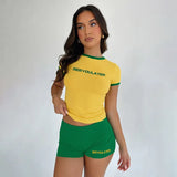 Toloer Style Hottie Contrast Color Fashion Suit Letter Print T-Shirt Tight Sports Shorts Two-Piece Set-Outfit