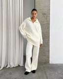 Simple High-End Solid Color Set Women's Autumn And Winter Half Zipper Sweater Knit Straight Trousers Two