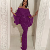 Toloer New Back Big Flounce Wrapped Chest One-Word Shoulder Dress Blingbling Wrap Buttock Slit Evening Dress-Outfit