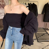 New Sexy Knitted Wrap Chest Vest knitted Suit Elegant Retro V-Neck Long-Sleeved Cardigan Solid Sweater Top Two Piece