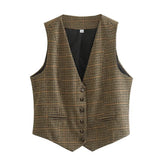 New Women's Retro V-Neck Sleeveless Single-Creed Short Bump Color Thousand Birdge Vest
