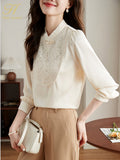 Han Queen New 2023 Autumn Vintage Office Blouse Female Shirt Lace Embroidery Beads Tops Long Sleeve Casual Women Loose Blouses-Outfit