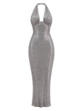 Halter Deep V Neck Sequin Maxi Dress-Outfit