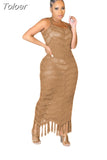 Solid Crochet Knitted Beach Cover Up Dress Tunic Summer Spaghetti Strap Tassels Hollow See Through Bikini Swimwear